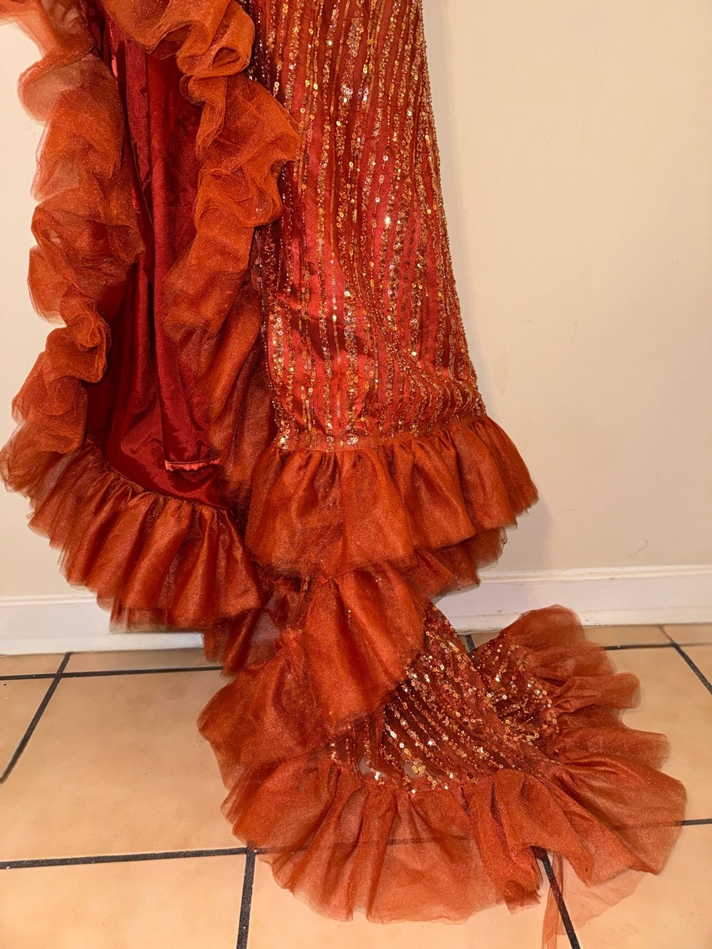 Rust Ruffle-Seam Sequined Prom Gown - Picture 4 of 11